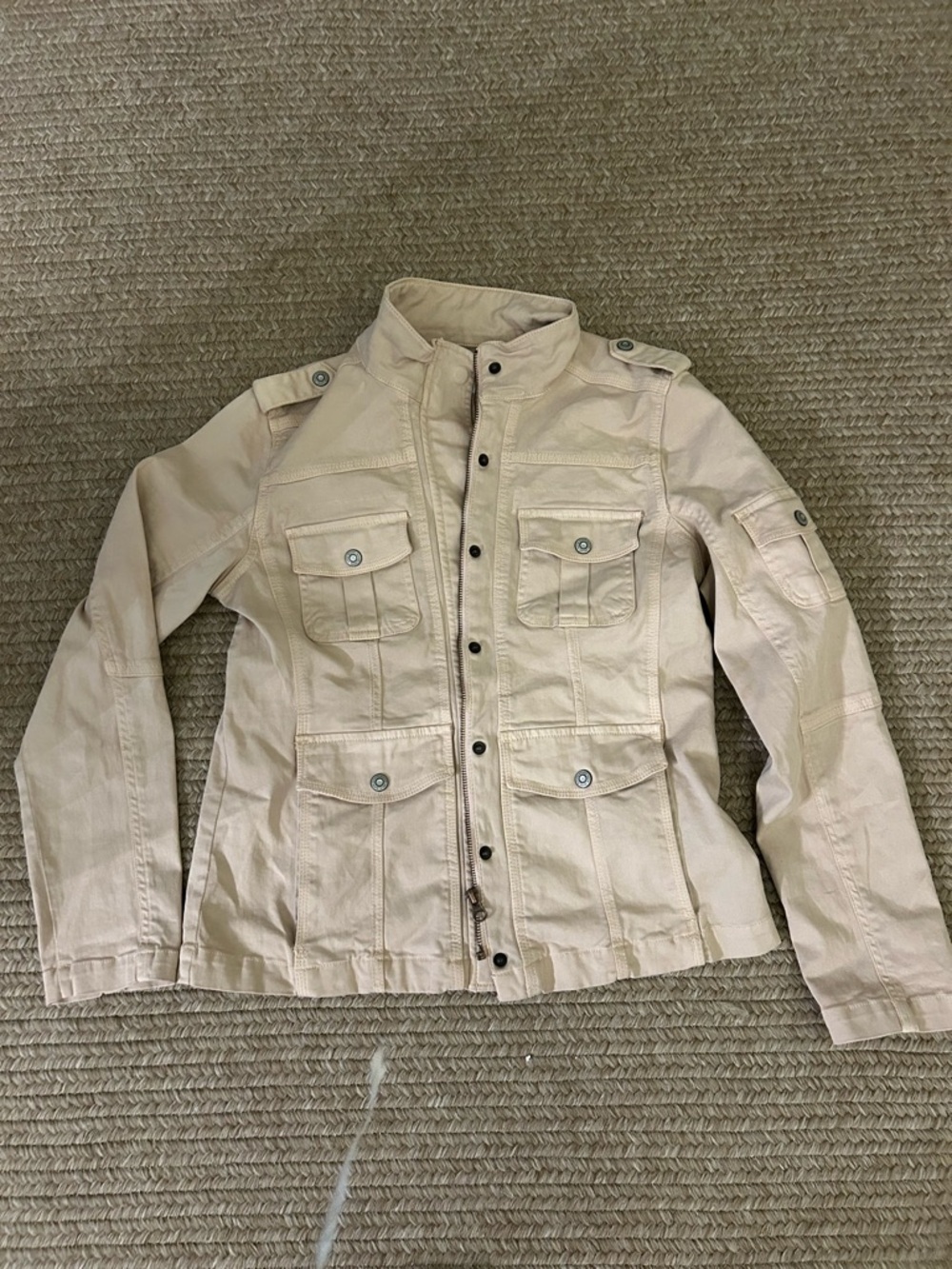 Pink cotton lightweight zip up jacket, size medium multiple pockets